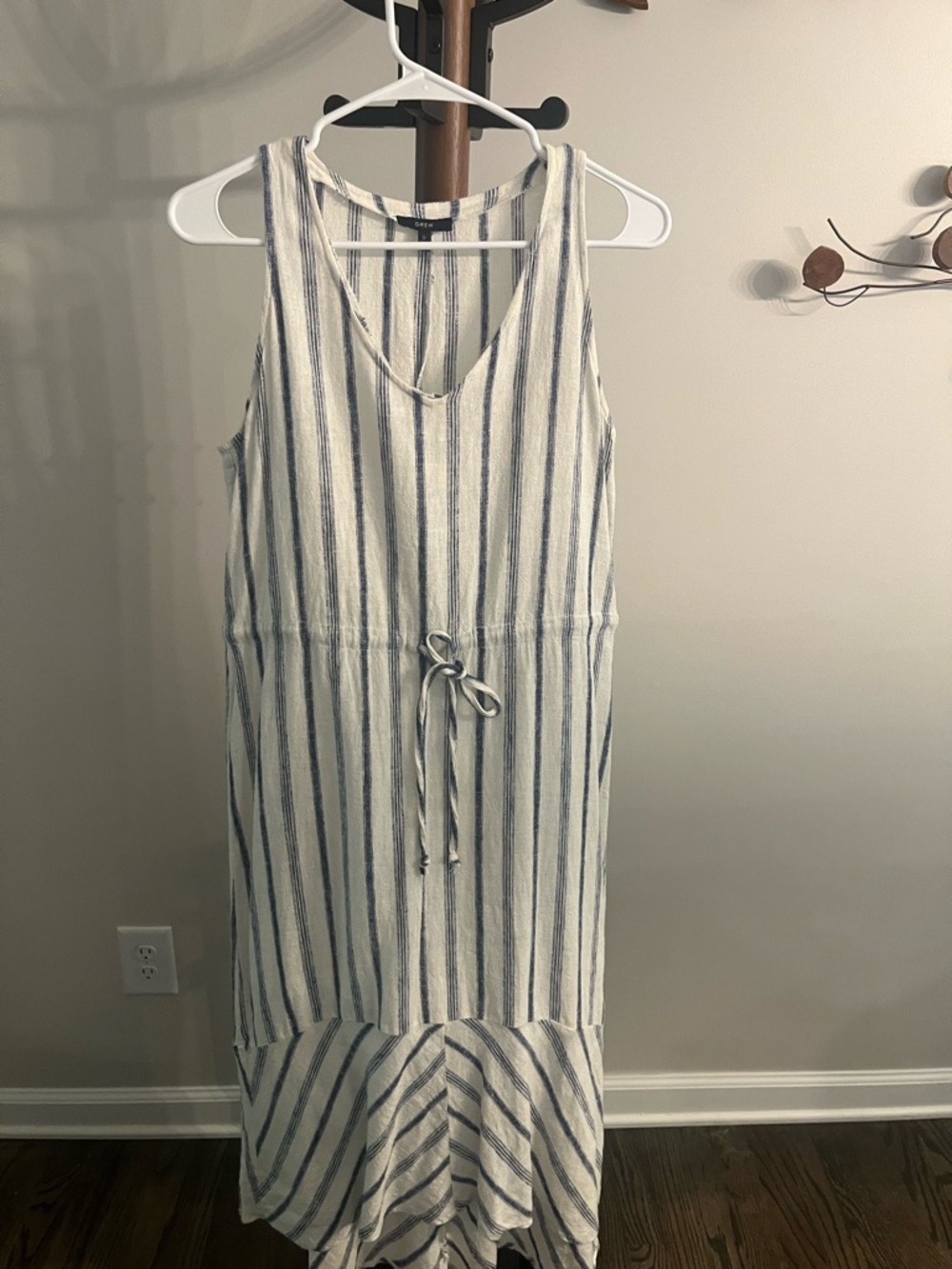 DREW White Linen Blend Midi Dress with Blue Stripes